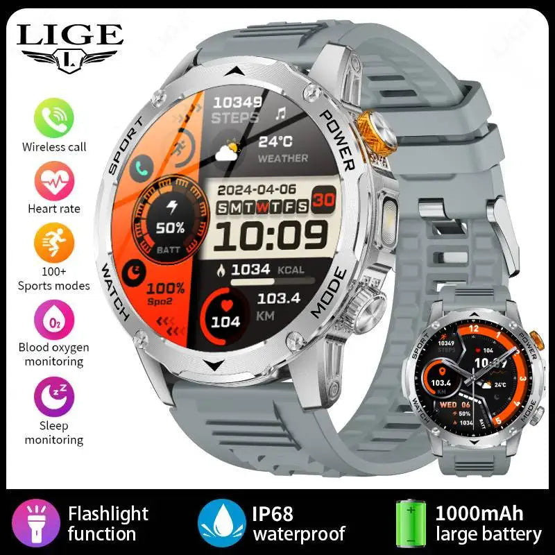 Outdoor Smartwatch 2025 – 1000 mAh Battery, Flashlight, Bluetooth Call