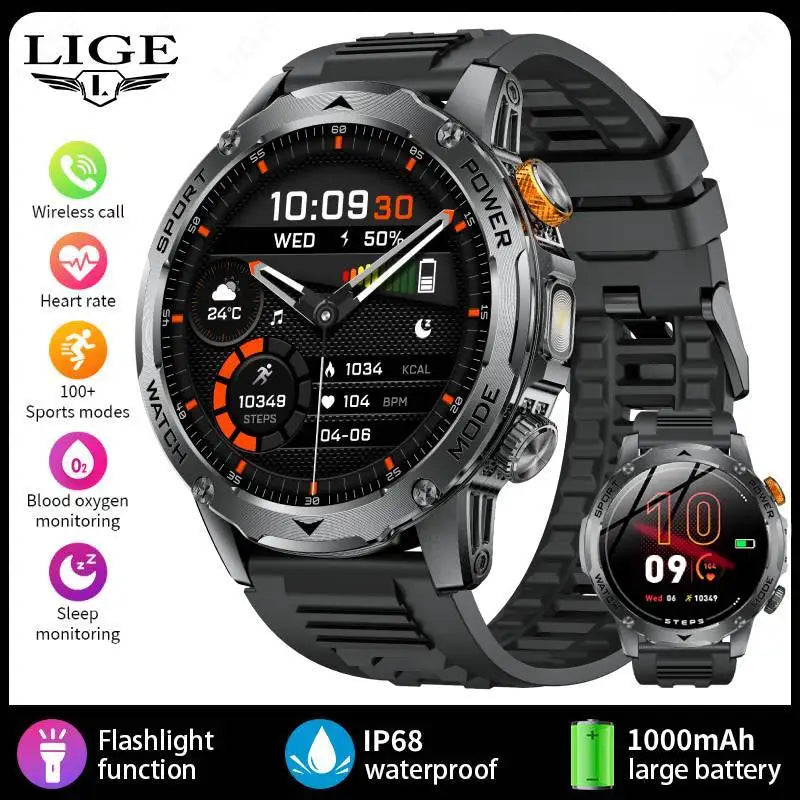 Outdoor Smartwatch 2025 – 1000 mAh Battery, Flashlight, Bluetooth Call